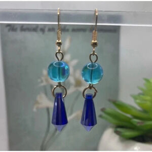 2 LEFT! Blue Beaded Geo Drop Earrings